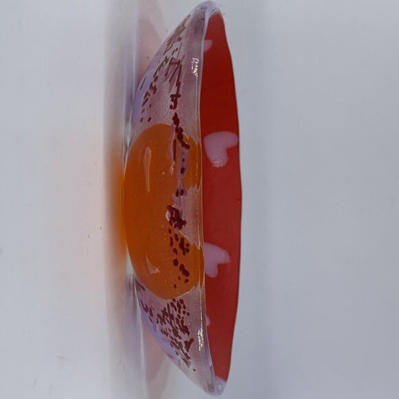 A Fox Fused Glass Heart Plate Tray 5” 1994 Art Glass Red Lavender Orange - Picture 4 of 9